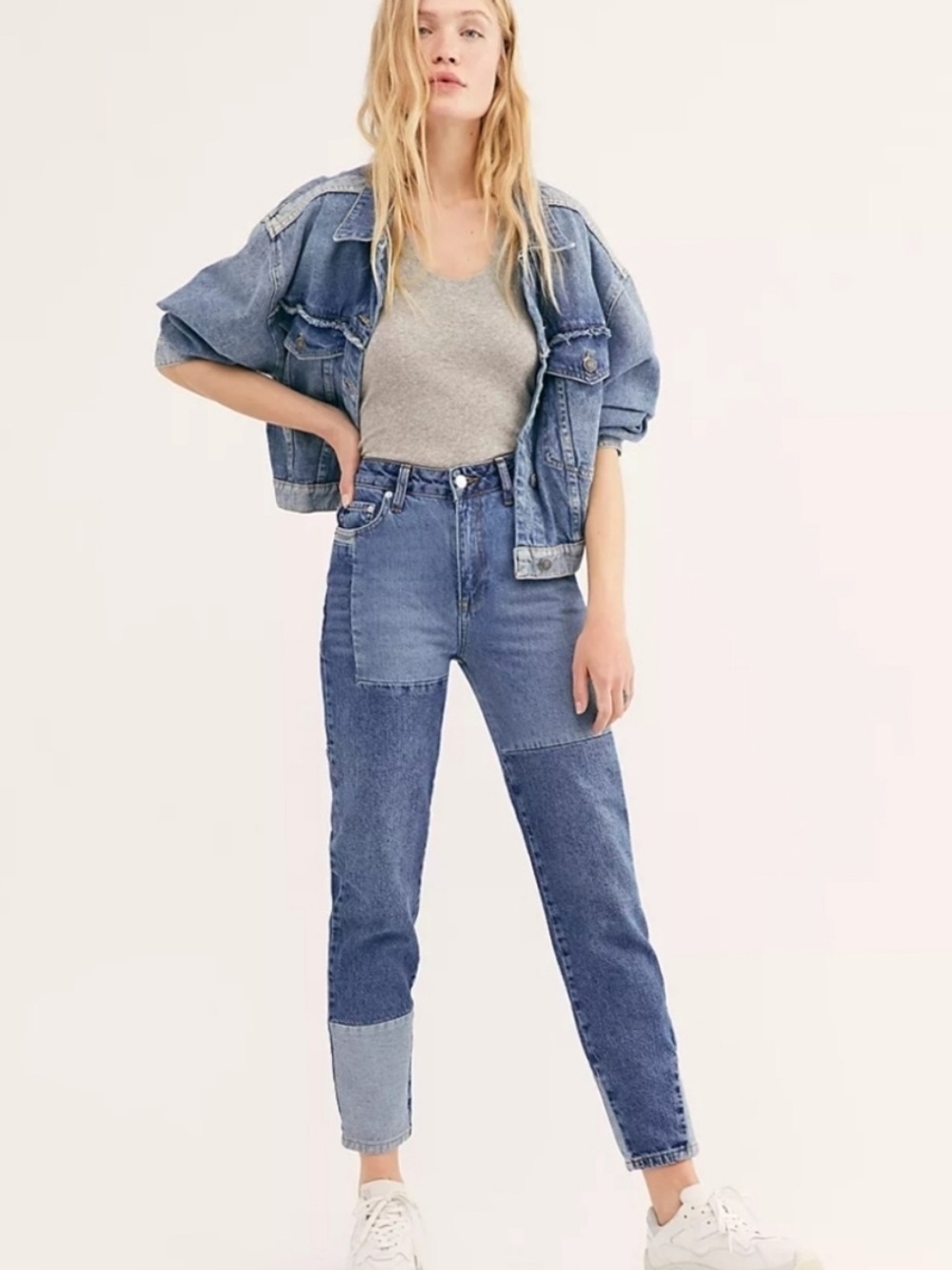 Free People High Rise Straight Leg Mom Jeans Patchwork Cotton Size 26
